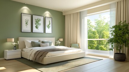 Modern Luxury Home Interior Bedroom Design with Mockup Frame , Wall, lamp, table, Poster(3d Render)