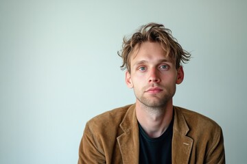 Obraz premium Contemplative Young Man in Casual Attire Against a Minimalist Background