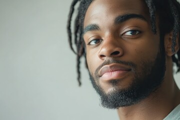 Obraz premium Close-Up Portrait of a Young Man with Dreadlocks and a Thoughtful Expression