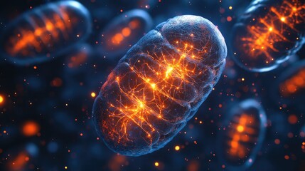 A digital illustration of a mitochondrion with glowing structures, representing cellular energy.
