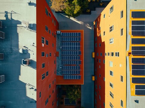 Overhead image of the UCSD student center with solar panels installed on its roof