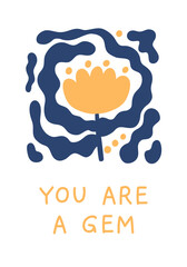 Abstract flower card for women's day. Floral doodle shape in trendy wavy naive style. Self love concept. Retro poster, print, banner, template. Hand drawn illustration isolated on white background.