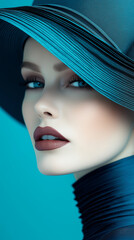 Elegant woman with striking makeup wearing a hat against teal background