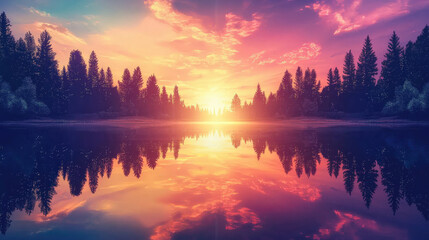 Fototapeta premium breathtaking sunset over calm forest lake, reflecting vibrant colors in water, surrounded by tall trees and serene atmosphere