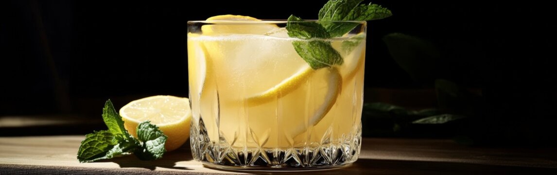 A glass of homemade lemonade showcases vibrant lemon slices and fresh mint leaves. The drink glistens in the light, inviting a sip on a warm afternoon. With copy space for text