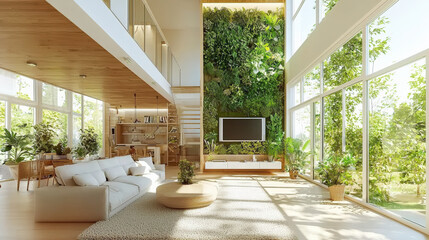 bright eco friendly home interior showcasing spacious living area with large windows, abundant greenery, and modern furnishings. design emphasizes natural light and connection to nature