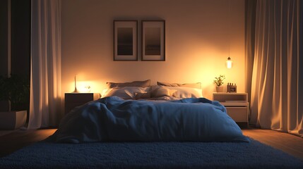 Modern Luxury Home Interior Bedroom Design with Mockup Frame , Wall, lamp, table, Poster(3d Render)