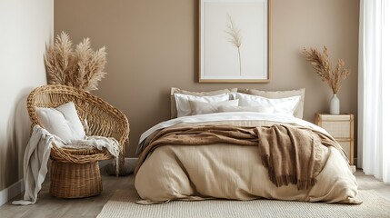 Modern Luxury Home Interior Bedroom Design with Mockup Frame , Wall, lamp, table, Poster(3d Render)