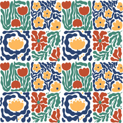 Abstract colorful flower seamless pattern. Floral doodle shapes in trendy naive hippie 70s style. Groovy flowers for poster, card, wallpaper. Hand drawn illustration isolated on white background.