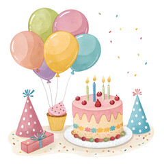 Colorful birthday celebration with a cake and balloons in a festive atmosphere