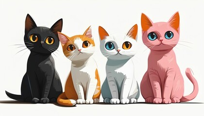 Obraz premium Four colorful cats sit side by side, each with unique fur patterns and bright eyes
