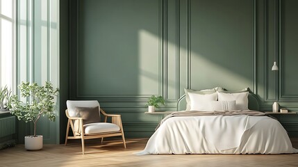 Modern Luxury Home Interior Bedroom Design with Mockup Frame , Wall, lamp, table, Poster(3d Render)