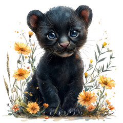 Adorable Black Panther Cub Surrounded by Bright Yellow Flowers in Nature