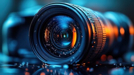 Wet camera lens, close-up, dark studio, bokeh