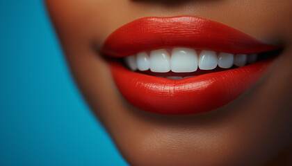 Fototapeta premium Close-up of a beautiful woman's smiling mouth with white teeth, against a blue background