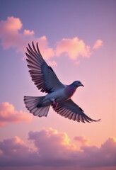 Majestic pigeon in flight against a pastel sunset sky, serene and graceful moment 
