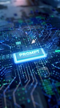 Prompt Key 3D Animation of a Futuristic Button Generating AI Data Flow with Neon Effects and Motion Graphics