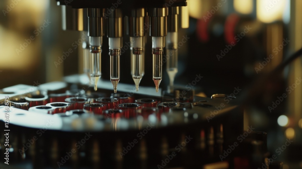 Poster high tech laboratory equipment with multiple nozzles precisely analyzing samples. the setup showcase