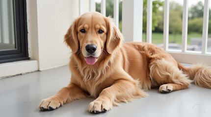 Golden retriever relaxing peacefully on a balcony during a warm afternoon in a suburban neighborhood with green trees in the background