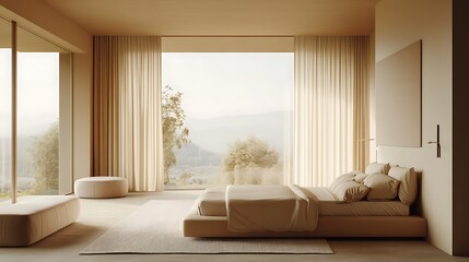 Modern Luxury Home Interior Bedroom Design with Mockup Frame , Wall, lamp, table, Poster(3d Render)