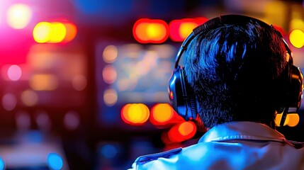 Fototapeta premium Emergency response dispatcher control room digital communication neon environment overhead view critical operations