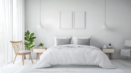 Modern Luxury Home Interior Bedroom Design with Mockup Frame , Wall, lamp, table, Poster(3d Render)