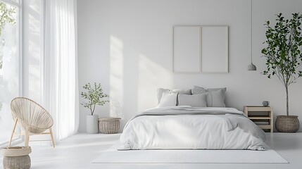 Modern Luxury Home Interior Bedroom Design with Mockup Frame , Wall, lamp, table, Poster(3d Render)