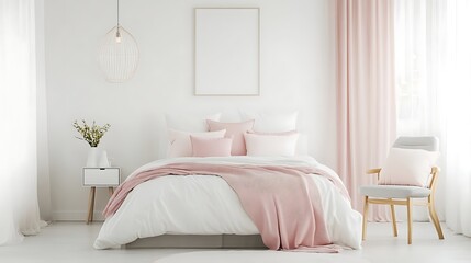 Modern Luxury Home Interior Bedroom Design with Mockup Frame , Wall, lamp, table, Poster(3d Render)