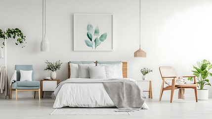 Obraz premium Modern Luxury Home Interior Bedroom Design with Mockup Frame , Wall, lamp, table, Poster(3d Render)