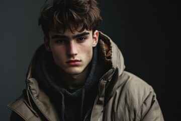 Obraz premium Stylish Young Man in Casual Winter Attire with a Serious Expression