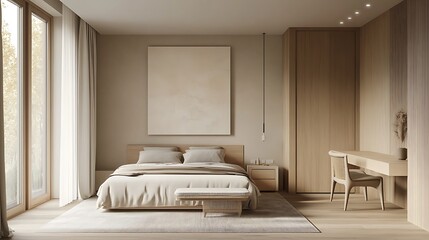Modern Luxury Home Interior Bedroom Design with Mockup Frame , Wall, lamp, table, Poster(3d Render)