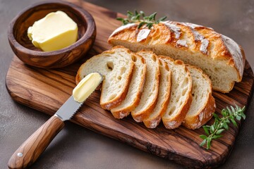 Rustic bread is sliced and arranged neatly on a wooden cutting board alongside a butter knife and a bowl of butter. Fresh herbs add a touch of color, suitable for breakfast or snack time