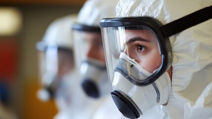 Scientists wearing protective suits and masks conduct research in a controlled environment, focusing on safety and precision in their scientific experiments