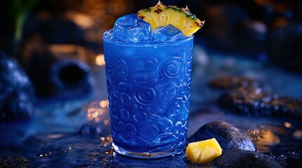Blue cocktail rocks tropical setting night menu