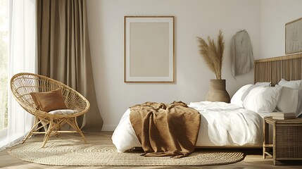Modern Luxury Home Interior Bedroom Design with Mockup Frame , Wall, lamp, table, Poster(3d Render)