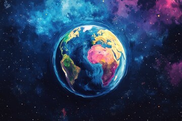 A vibrant painted Earth in a cosmic expanse of stars