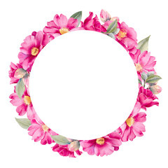 Watercolor bright pink camellia flowers and leaves wreath isolated on white background