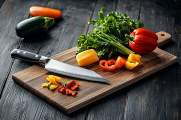 Colorful vegetables are freshly chopped on a wooden cutting board. A sharp chef's knife lies beside them, showcasing the vibrant colors of the ingredients, ready for cooking