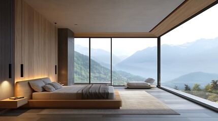 Fototapeta premium Modern Luxury Home Interior Bedroom Design with Mockup Frame , Wall, lamp, table, Poster(3d Render)