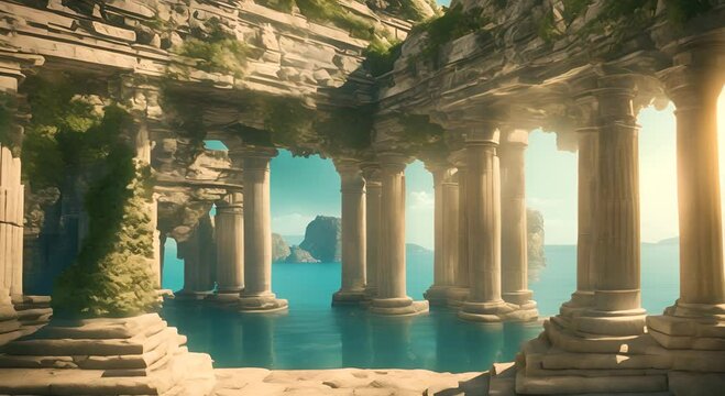 Old temple bottom athered ruins columns sea antique architecture column underwater ancient building nature archaeology ruin three dimensional artwork