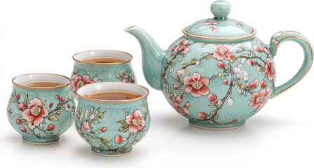 Floral_teapot_and_three_cups;_teal_porcelain_with_pink_blossoms.