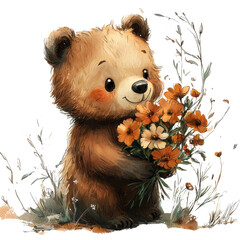Adorable Cartoon Bear Holding Colorful Flowers in a Whimsical Forest Setting