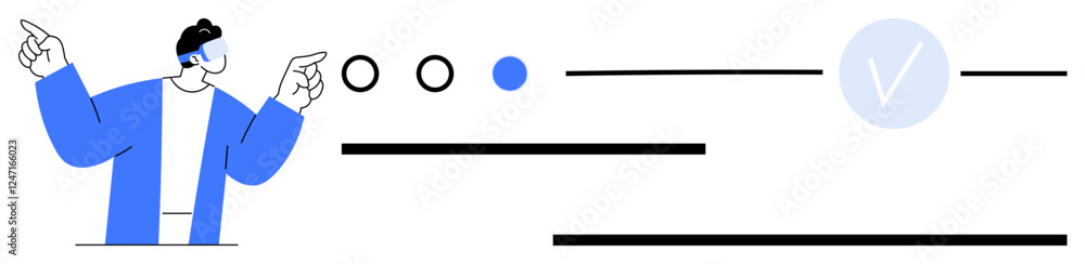 Poster character in blue outfit points at various progress indicators and a checkmark, representing complet
