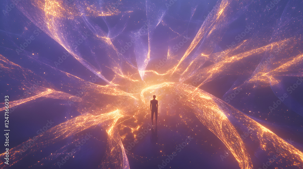 Wall mural fascinating landscape of the multiverse with a man contemplating different options and paths. concep