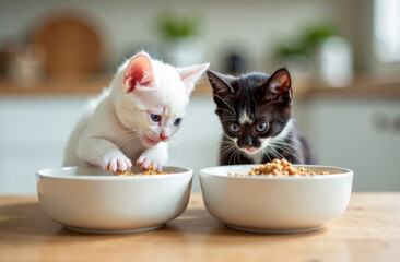 Cute white and black kittens eat cat food from bowls in the kitchen