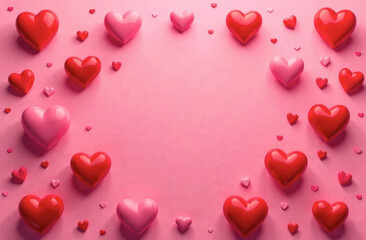 Pink and red hearts on a pink background, space for text in the middle, background for Valentine's day