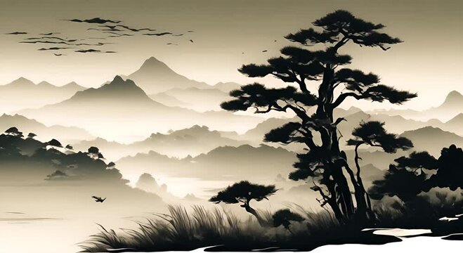 Gohua made ink black brush illustration painting grass growing olated sumi strokes background white pine sin u some tree stile silhouette ink illustration pine forest landscape oriental graphic 4K