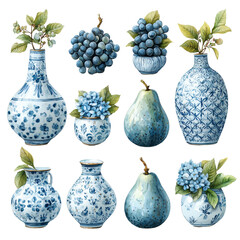 Decorative floral arrangements in blue and white vases with fruits and flowers