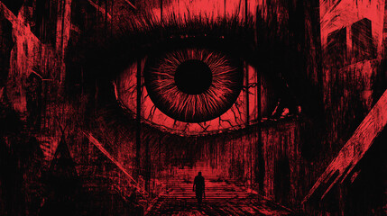 Dark Abstract Digital Artwork of a Glowing Red Eye with Mechanical and Industrial Textures, Creating a Futuristic and Dystopian Cyberpunk Aesthetic
