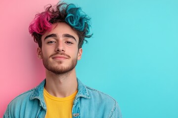 Obraz premium Young Man with Colorful Hair Against a Vibrant Background